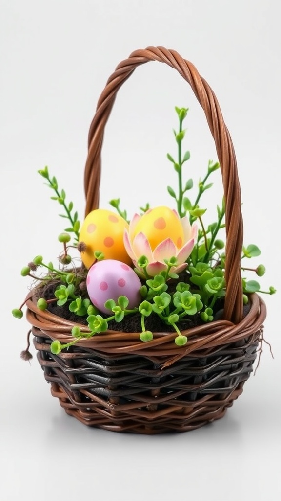 A small wicker basket filled with faux succulents and colorful Easter eggs.