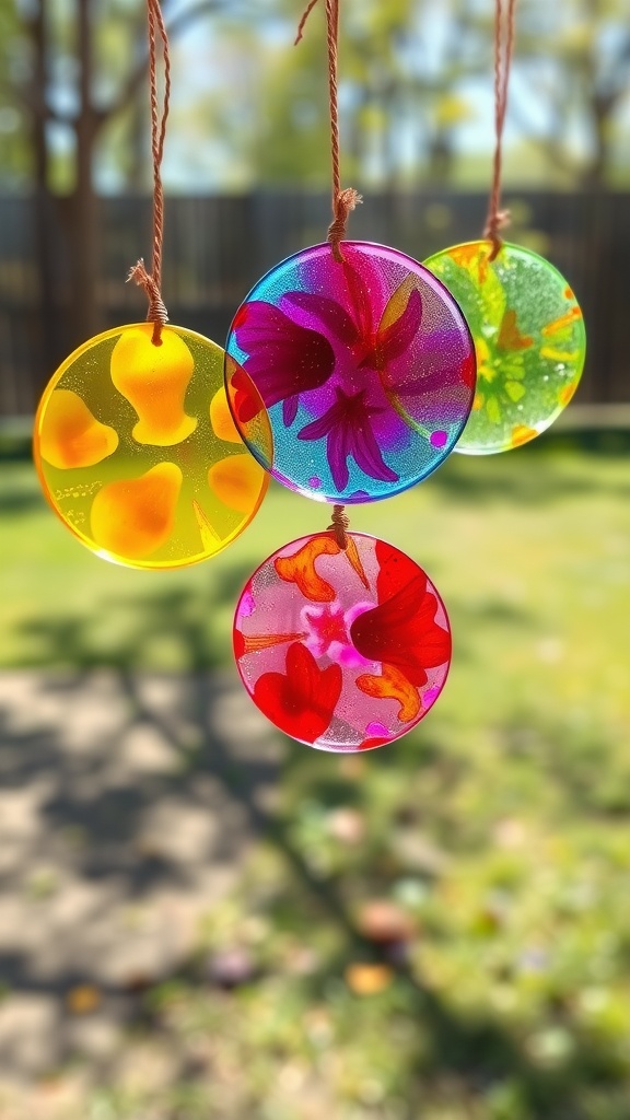 Colorful gelatin suncatchers hanging in the sunlight.