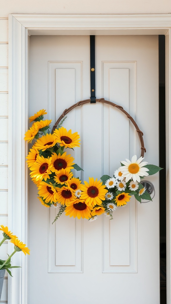 A wreath made of sunflowers and daisies hanging on a door