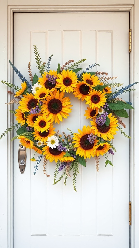 A colorful wreath made of sunflowers and wildflowers on a white door.