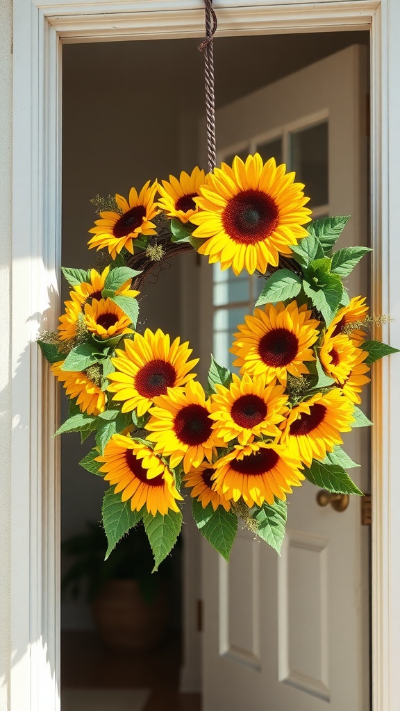 A sunflower wreath hanging on a door, featuring bright yellow flowers and green leaves.