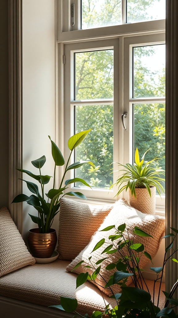 Cozy window nook with cushions and plants, bathed in sunlight