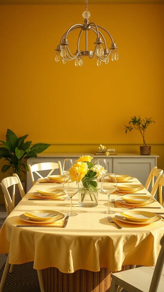 A bright yellow dining room table setting with yellow plates and flowers, illuminated by a chandelier.