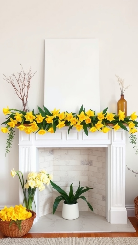 A bright mantle decorated with daffodils and greenery, showcasing a spring-themed look.