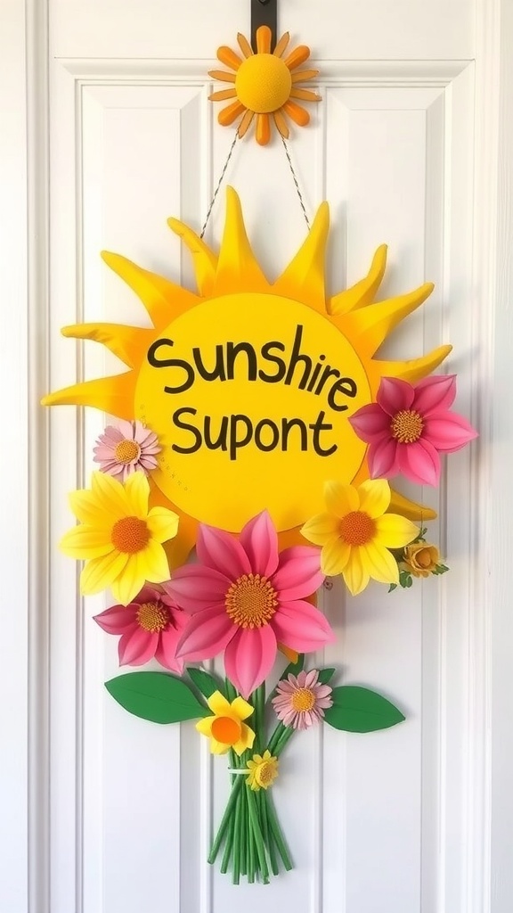 A bright door hanger featuring a sun and colorful flowers with the text 'Sunshine Support'.