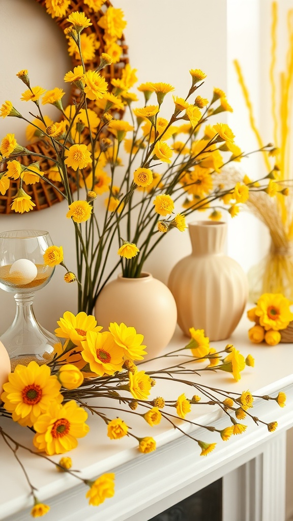 A spring mantle decorated with vibrant yellow flowers in various vases, creating a cheerful atmosphere.