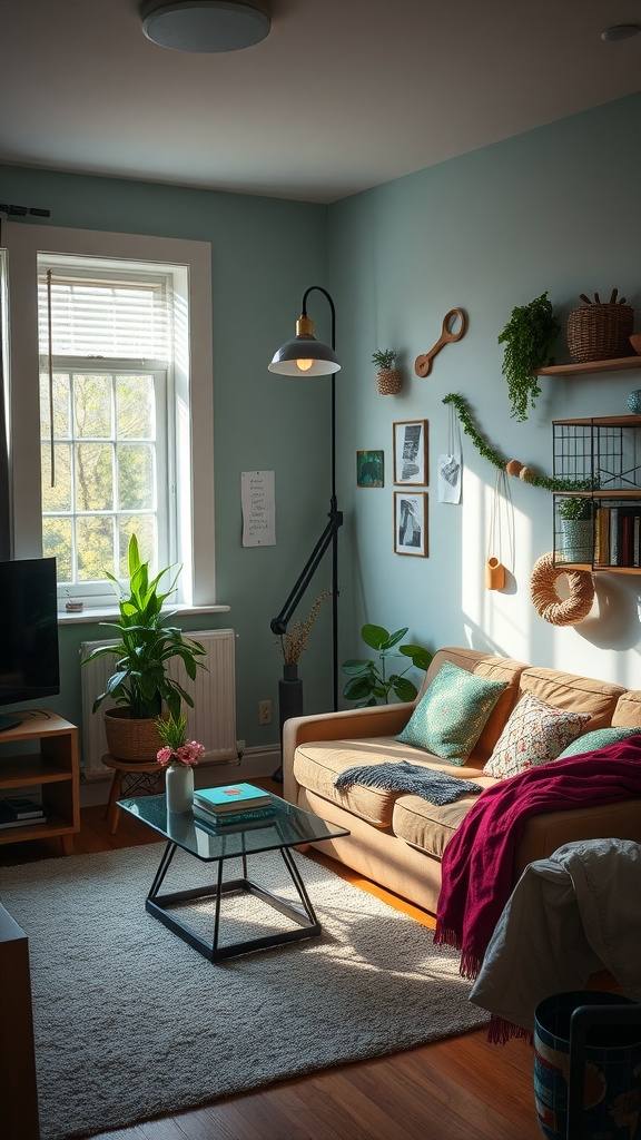 A cozy dorm living room with plants, soft lighting, and sustainable decor elements.