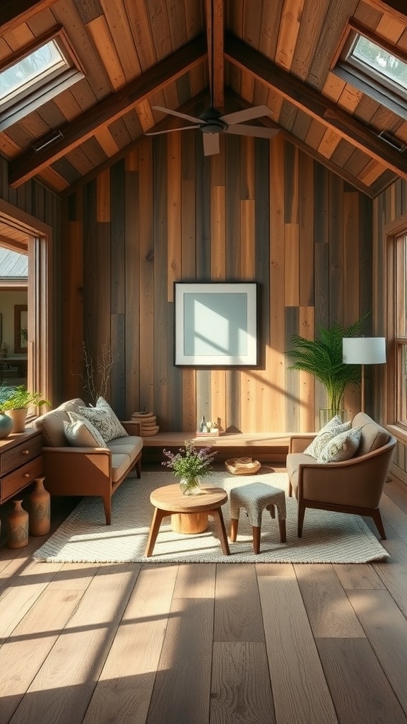 A ranch-style living room featuring wooden walls, natural light from skylights, and eco-friendly furniture.