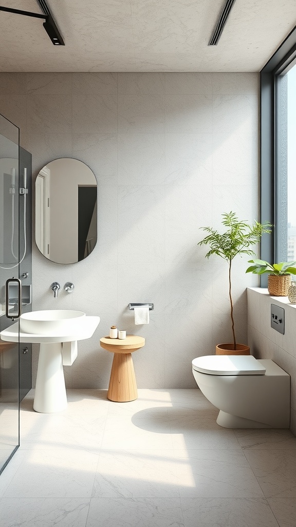 A modern, sustainable bathroom design featuring natural light, greenery, and eco-friendly fixtures.