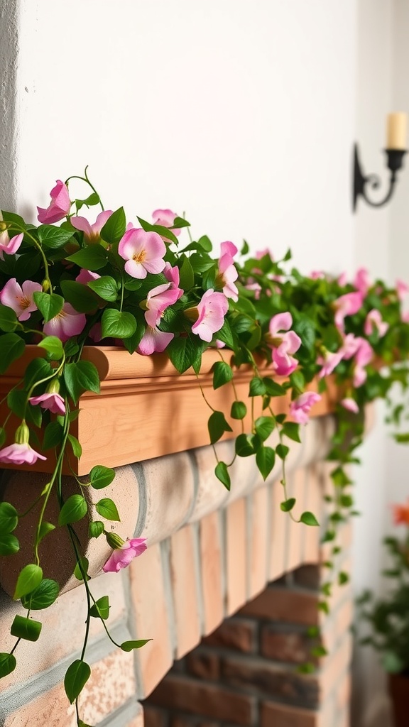 A mantle decorated with pink sweet pea flowers and green ivy leaves.