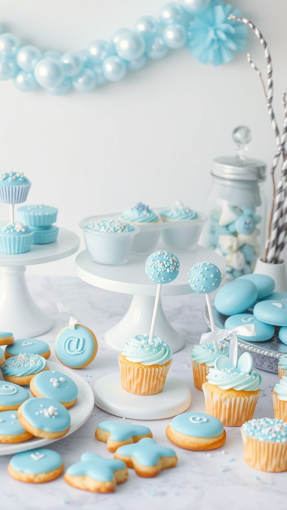 A table filled with blue sweets for a baby shower, including cupcakes, cookies, and cake pops.