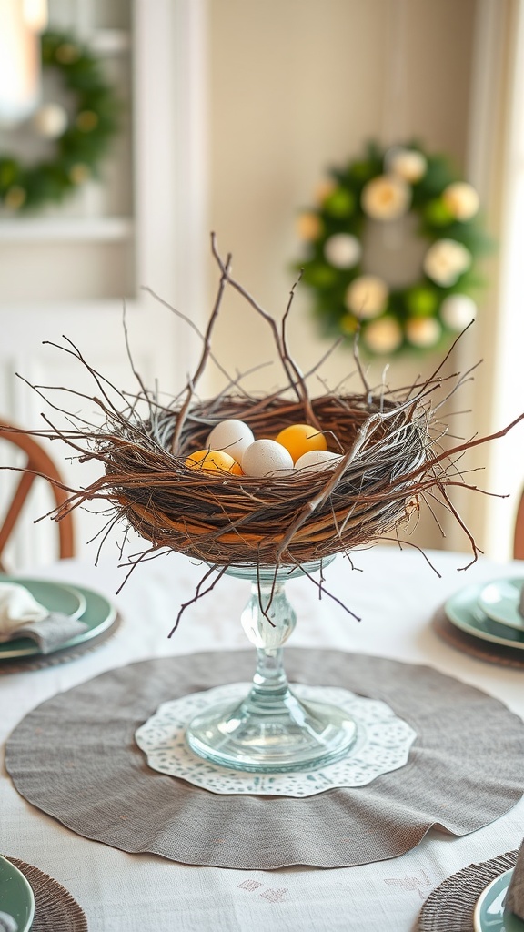 A decorative bird's nest arrangement with colorful eggs on a glass pedestal, set on a dining table.