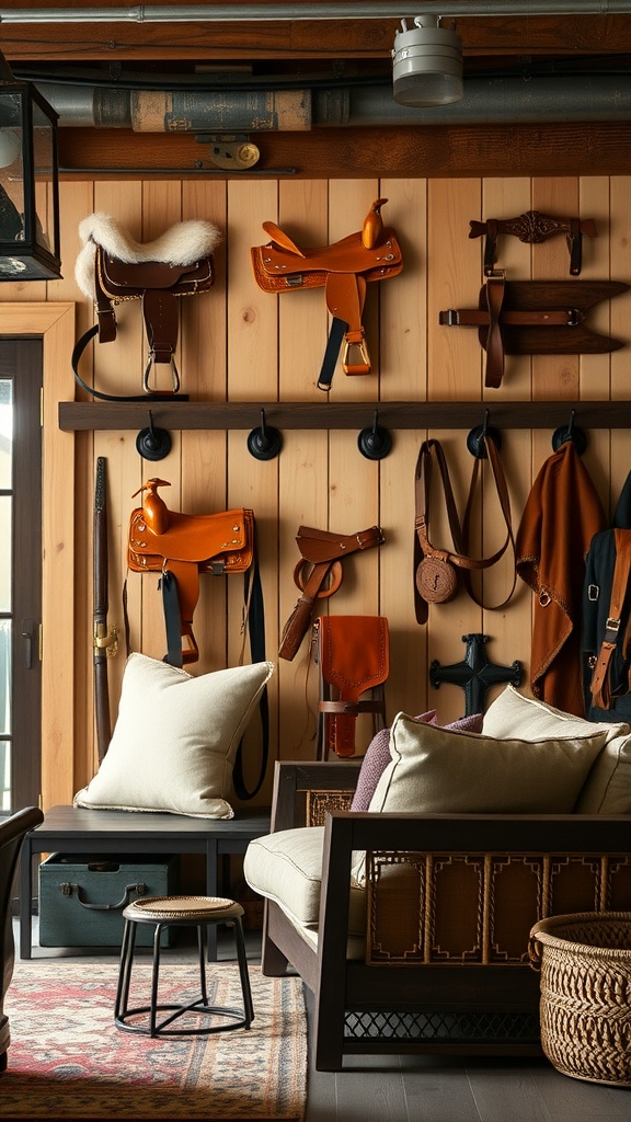 A cozy ranch-style living room with saddles and leather accessories displayed on wooden walls, featuring a comfortable sofa and rustic decor.