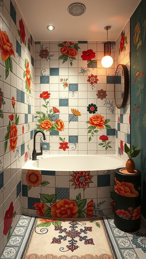 Bathroom with floral tattooed tiles featuring roses and other vibrant patterns