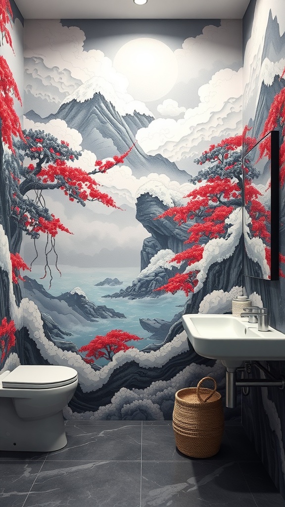 Bathroom with tattooed wall mural featuring mountains and red cherry blossoms