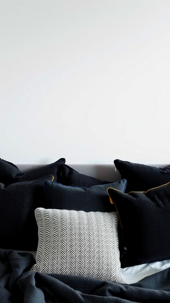 A collection of textured black accent pillows on a bed with a white wall in the background.