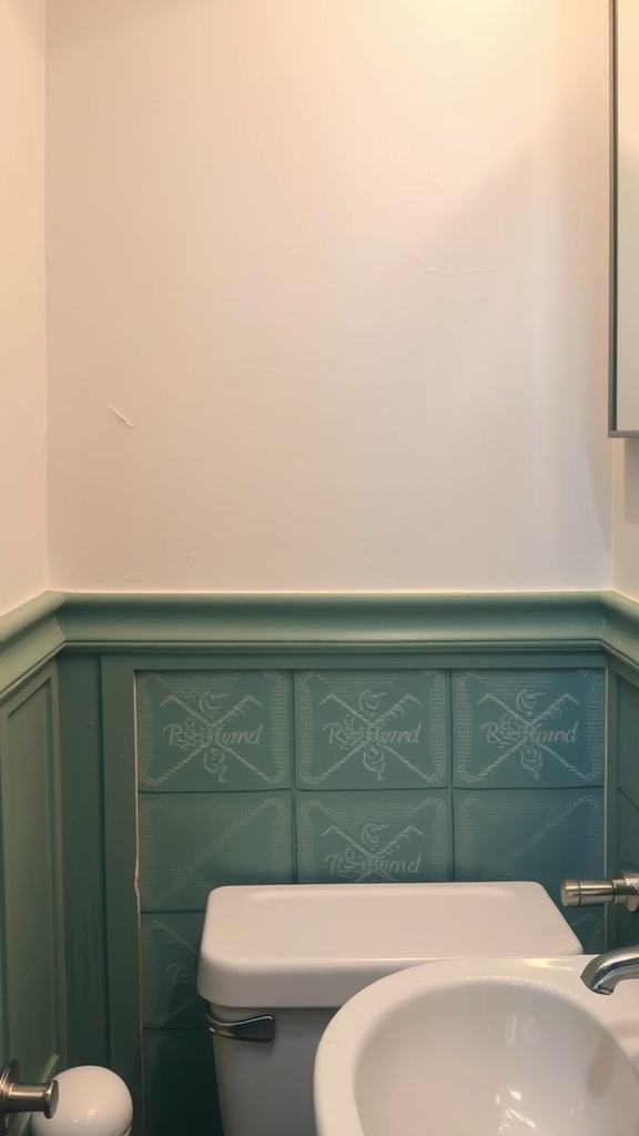 Small bathroom with textured teal wall tiles and a white toilet.