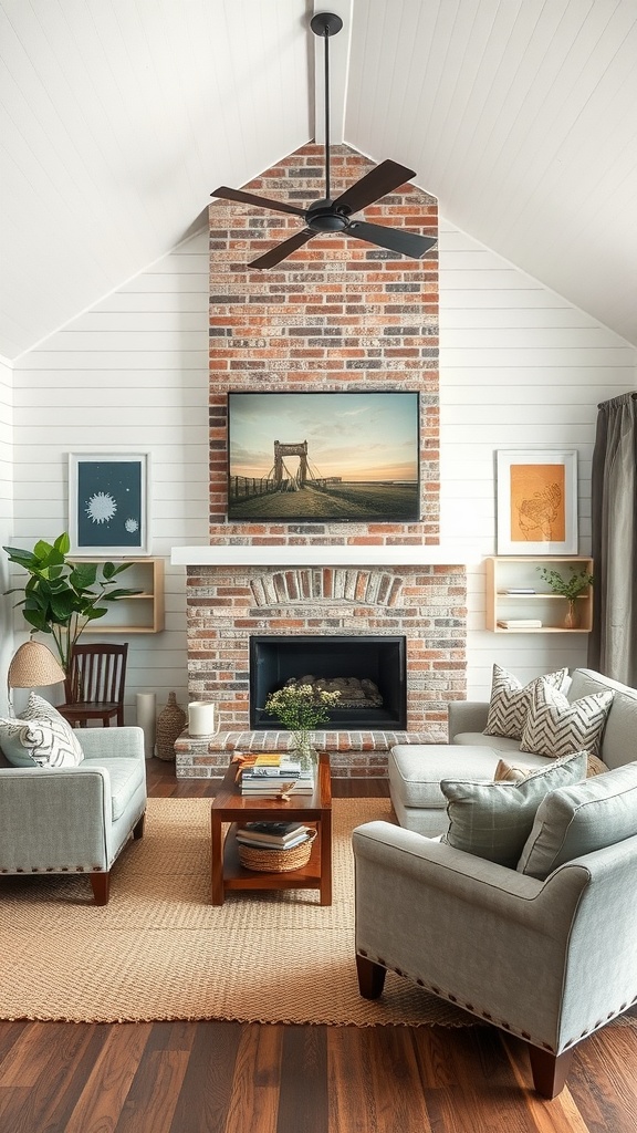 A ranch-style living room featuring a brick fireplace, shiplap walls, and cozy seating arrangements.