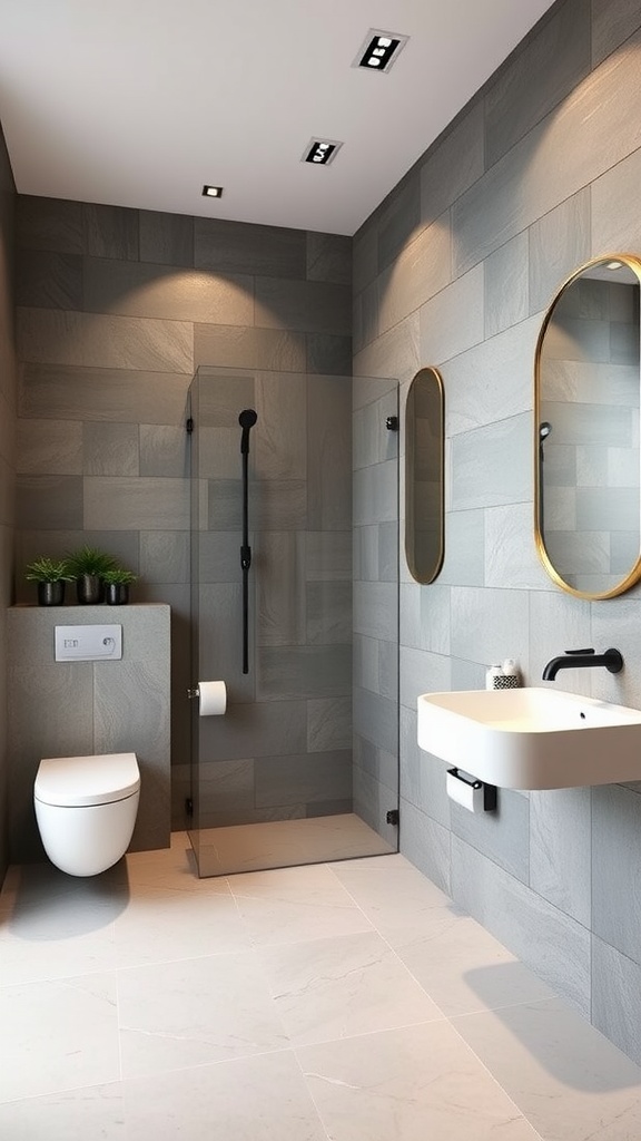 A modern bathroom featuring textured wall panels in gray, a glass shower, and stylish fixtures.