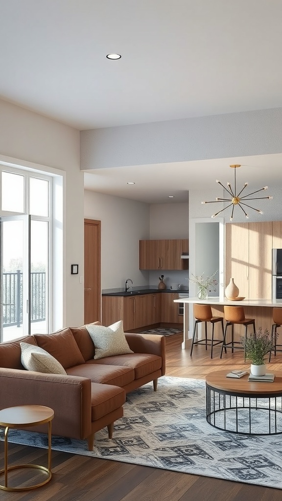 A cozy living room and kitchen area with textured wall treatments, warm wood tones, and stylish furniture.