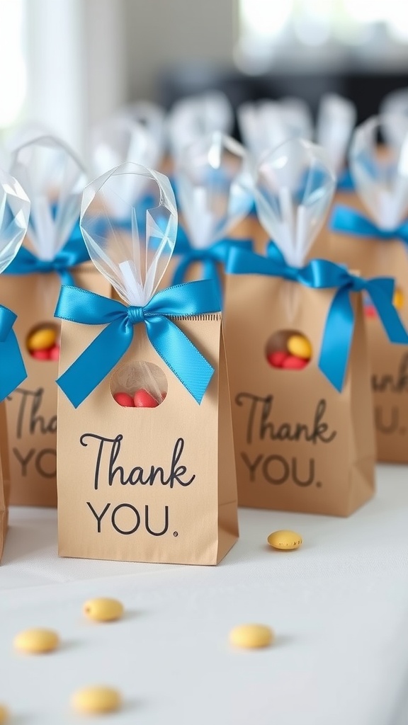 Brown favor bags with blue ribbons and a clear top, filled with colorful candies, labeled 'Thank You.'