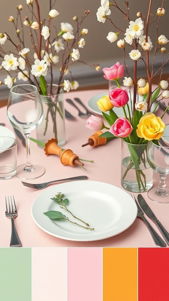 A bright spring dinner table setting with floral arrangements, pastel colors, and elegant glassware.