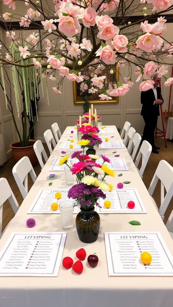 A beautifully decorated spring table with flowers, fruit decorations, and menus.