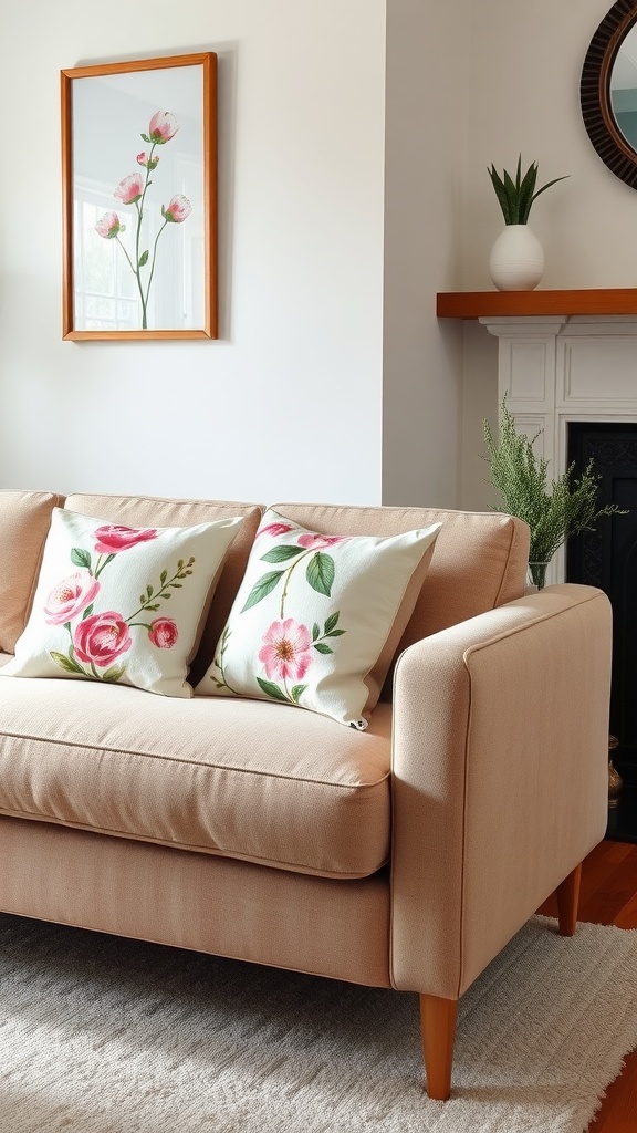 A cozy living room with a sofa featuring floral throw pillows, a fireplace, and a decorative wall frame.