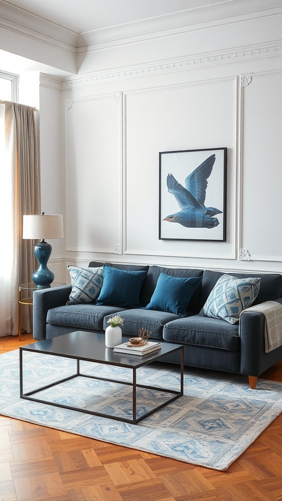 A cozy living room featuring a dark gray couch with blue throw pillows, a modern coffee table, and artwork of a bird on the wall.