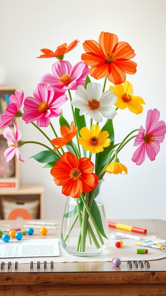 A vibrant bouquet of tissue paper flowers in a vase, showcasing pink, orange, yellow, and white colors, with crafting supplies scattered on a table.