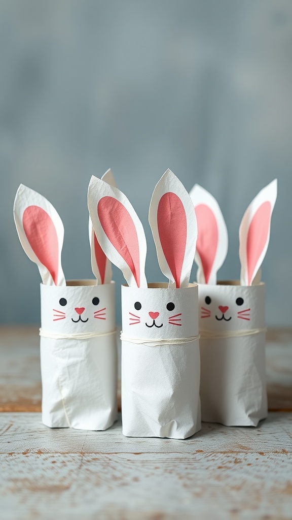 Three toilet paper roll bunnies with pink ears and cute faces