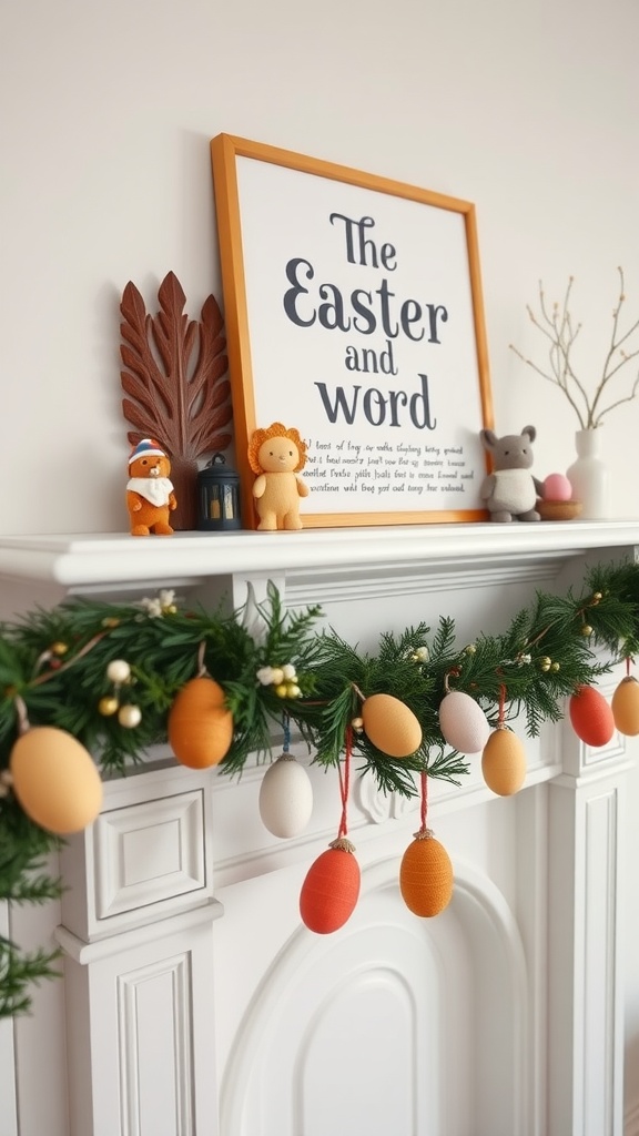 A decorated mantel with an Easter theme, featuring toy figurines and colorful miniature eggs hanging from a garland.