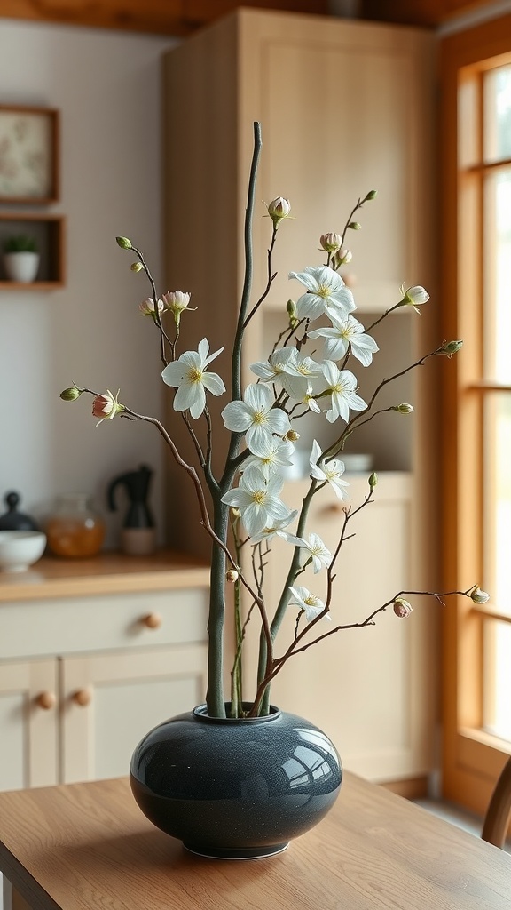 Traditional Japanese Ikebana arrangement with white flowers in a dark vase on a kitchen table.