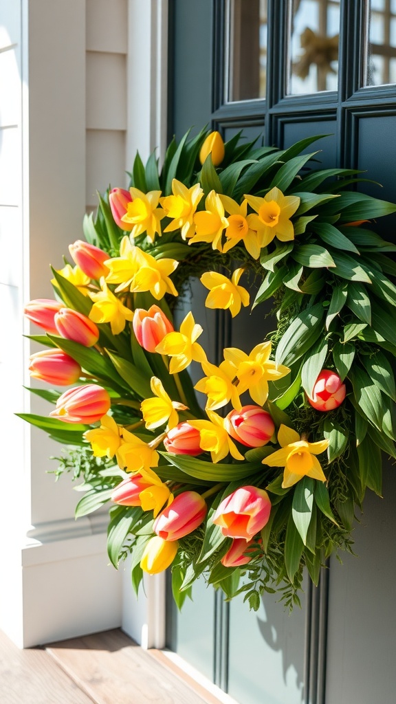 A vibrant wreath made of pink tulips and yellow daffodils hanging on a door, symbolizing spring.