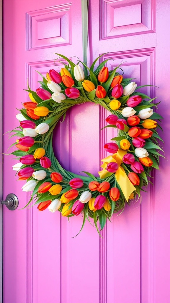 A colorful tulip and grass wreath on a bright pink door