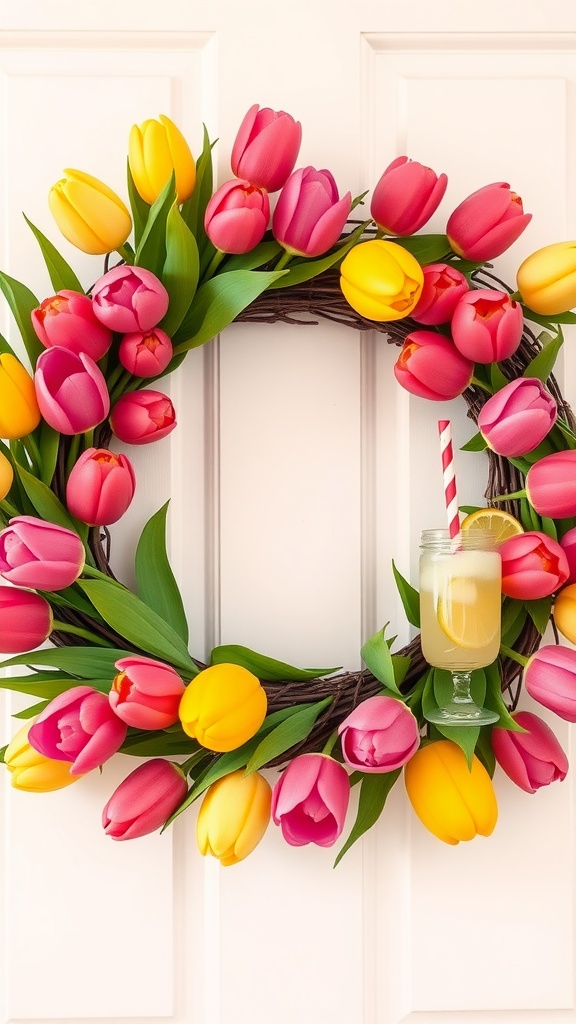 A colorful wreath made of tulips in pink, yellow, and lavender colors, with a lemonade drink attached.