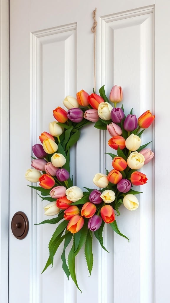 A vibrant tulip bloom wreath with colorful tulips and green leaves hanging on a white door.