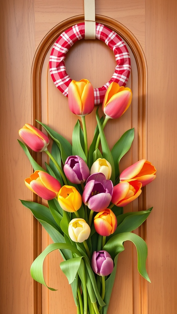 Colorful tulip bouquet arrangement with a red and white checkered wreath hanging on a wooden door