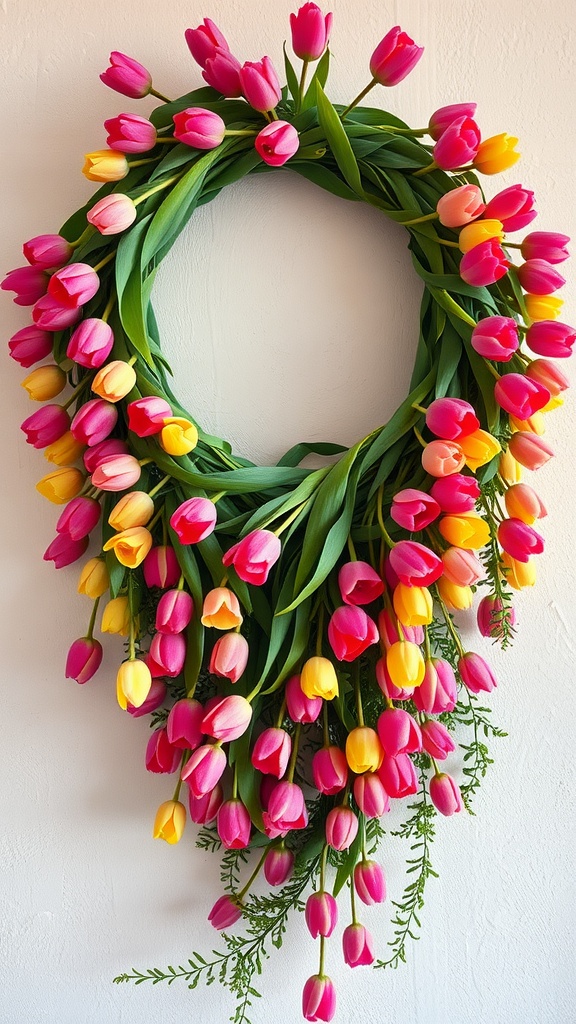 A vibrant tulip cascade wreath with pink and yellow tulips and green leaves.