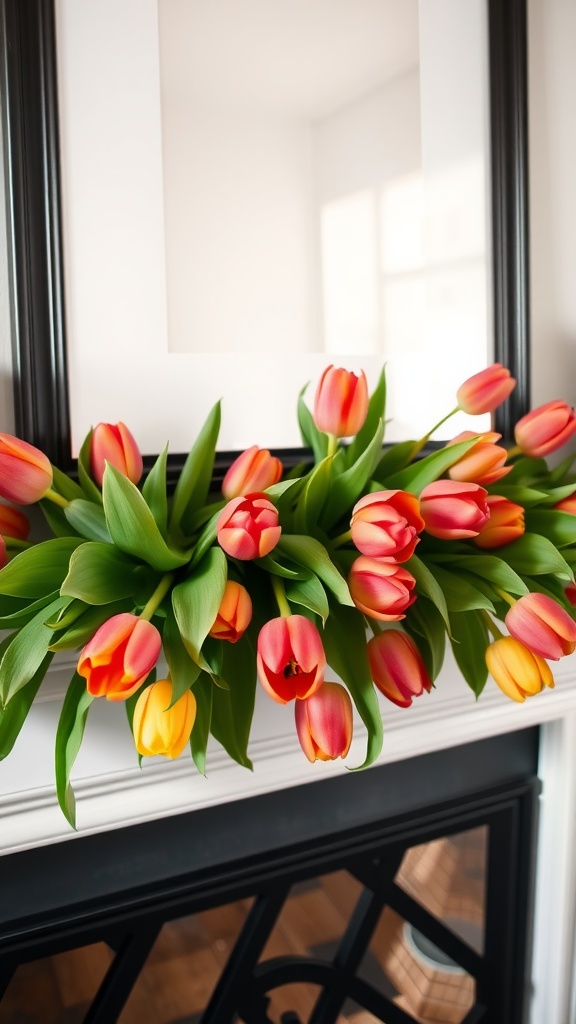 A colorful garland of tulips in red, orange, and yellow draped across a mantle.