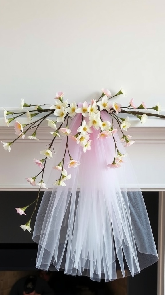 A decorative garland made of tulle and flowers, styled on a mantle.