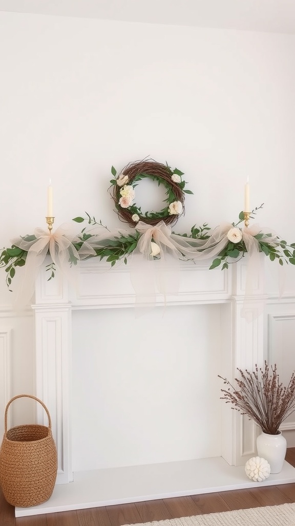 A spring mantle adorned with tulle, ribbons, and greenery, featuring a wreath and candles.