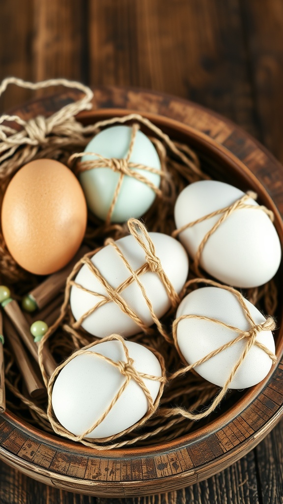 A wooden bowl filled with twine wrapped Easter eggs in various colors.