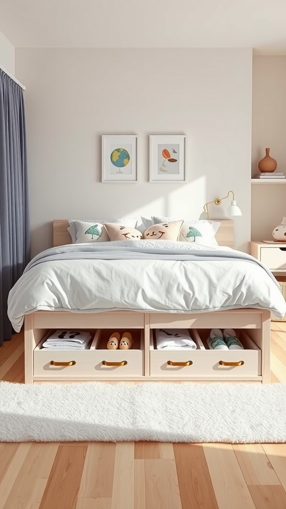 A cozy bedroom with a bed featuring under-bed storage drawers.