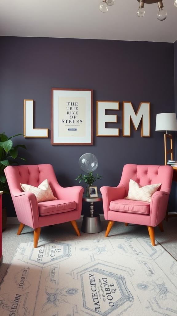 Two pink accent chairs with wooden legs in a dorm living room.