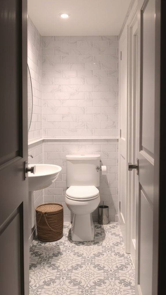 Small bathroom with unique patterned tile flooring and minimalist decor