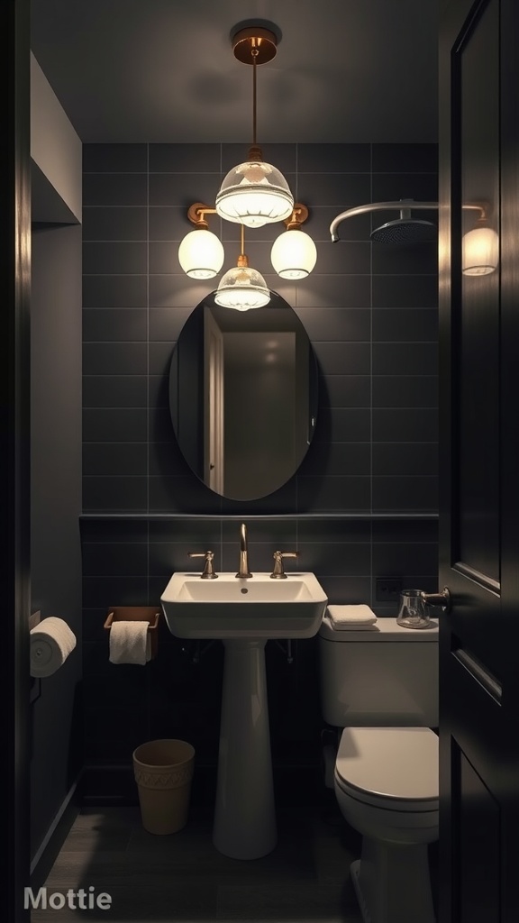 A small dark bathroom featuring stylish lighting fixtures above a sink and mirror.