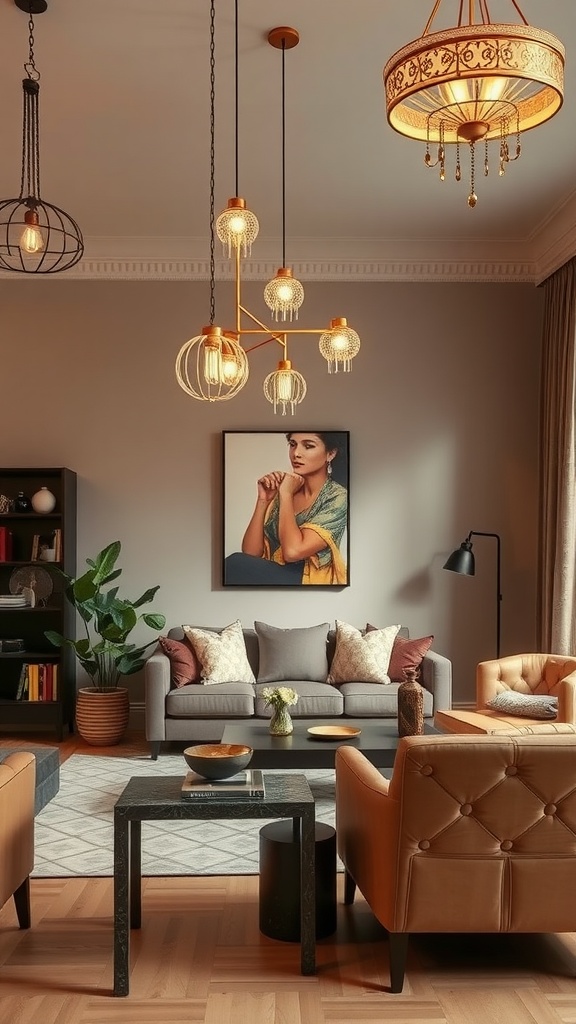 A stylish living room featuring unique lighting fixtures including pendant lights and a chandelier.