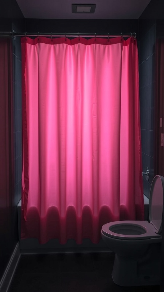 A bright pink shower curtain in a small dark bathroom.