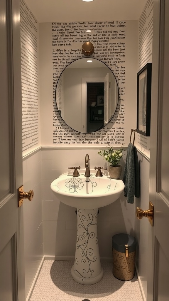 A small bathroom with a uniquely designed sink featuring a decorative pedestal, surrounded by artistic wall decor.